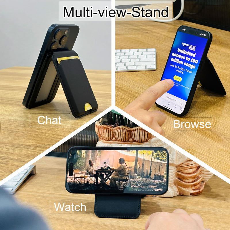 Magnetic Wallet for iPhone MagSafe Wallet with Adjustable Stand for iPhone 15 Pro Max/15 Pro/15/15 Plus/iPhone 14 13 12 Plus, 3 Subzone for 6 Cards RFID Blocking Black Stand Flat Basic