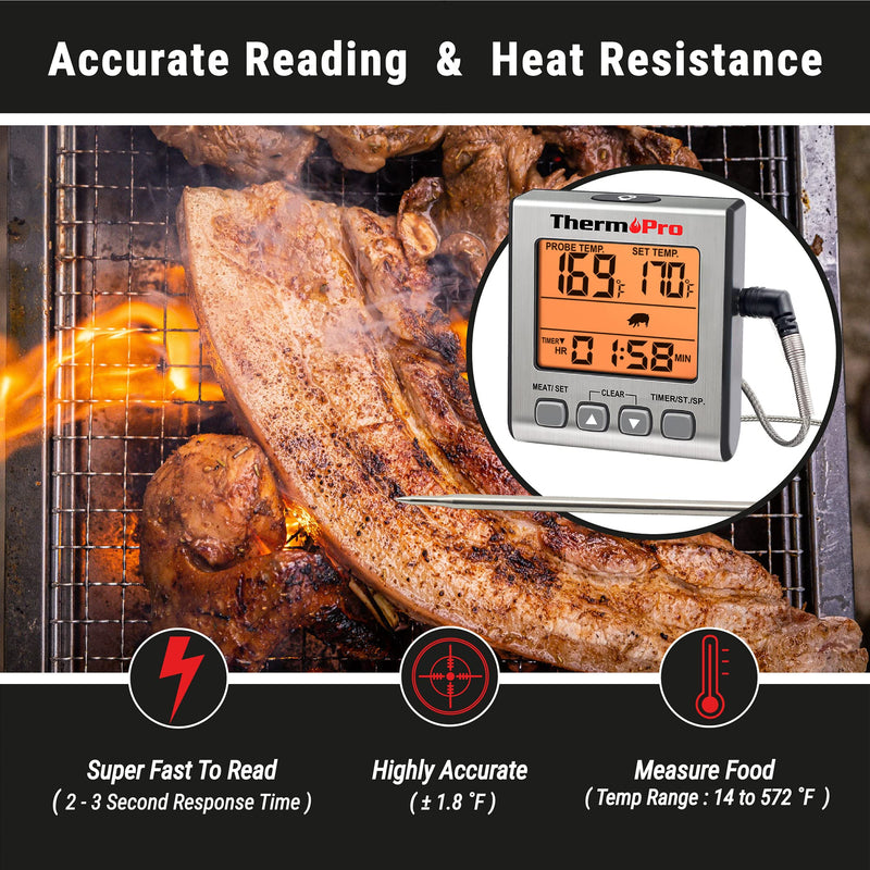 ThermoPro TP16S Digital Meat Thermometer for Cooking and Grilling, BBQ Food Thermometer with Backlight and Kitchen Timer, Grill Temperature Probe Thermometer for Smoker, Barbecue, Oven, Baking,Oil Light Silver