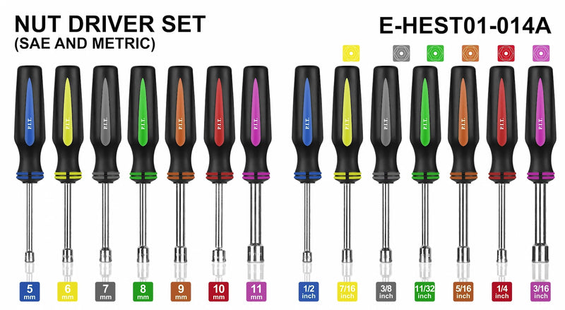 P.I.T. 14 PCS SAE and Metric Nut Driver Set,3/16 to 1/2 Inch & 5 to 11 mm Metric & SAE-14 Piece