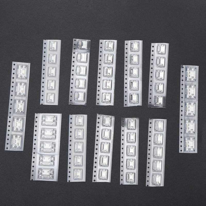 USB SMD connectors, 12 types, 60 pieces, stainless steel micro USB connectors, solderable, stable and trouble-free