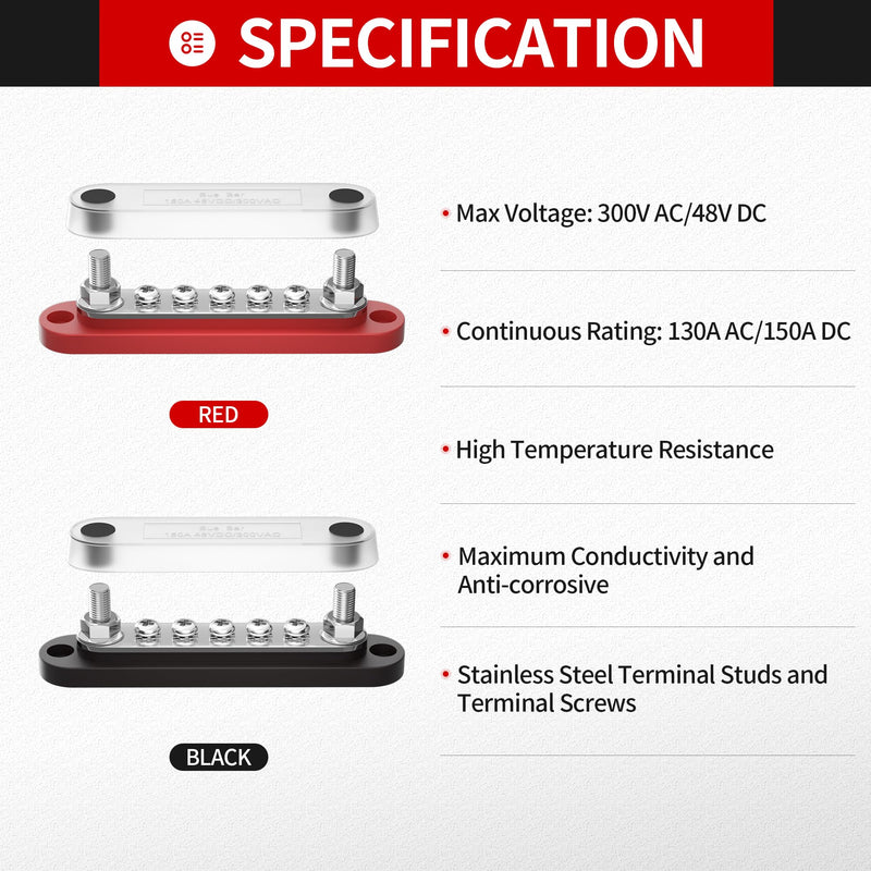 DAIERTEK 12v Bus Bar 150A Small Battery Power Distribution Block 12 Volt Positive & Negative Terminal Block Busbar 2 x 1/4" Terminal Studs 5 x #8 Terminal Screws with Cover for Marine Automotive Car 2M6+5S