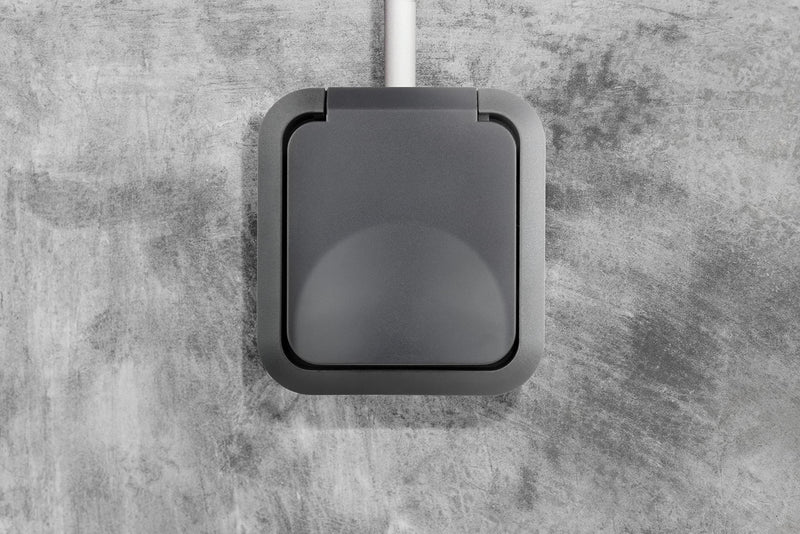 REV - AquaStorm, 1-way socket, wet room, IP55 two-pole, surface-mounted, 230V, 16A, anthracite 1-way socket sockets