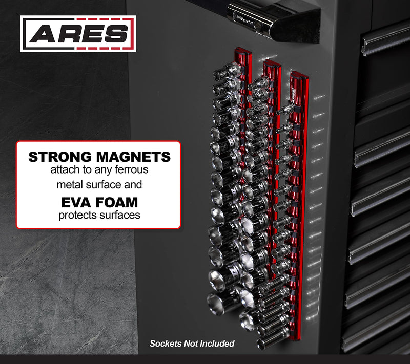 ARES 60128-3/8-Inch Drive Magnetic Socket Organizer - Aluminum Rail Stores up to 16 Sockets and Keeps Your Tool Box Organized Red 3/8-Inch Drive 16.5-Inch Magnetic Socket Rail