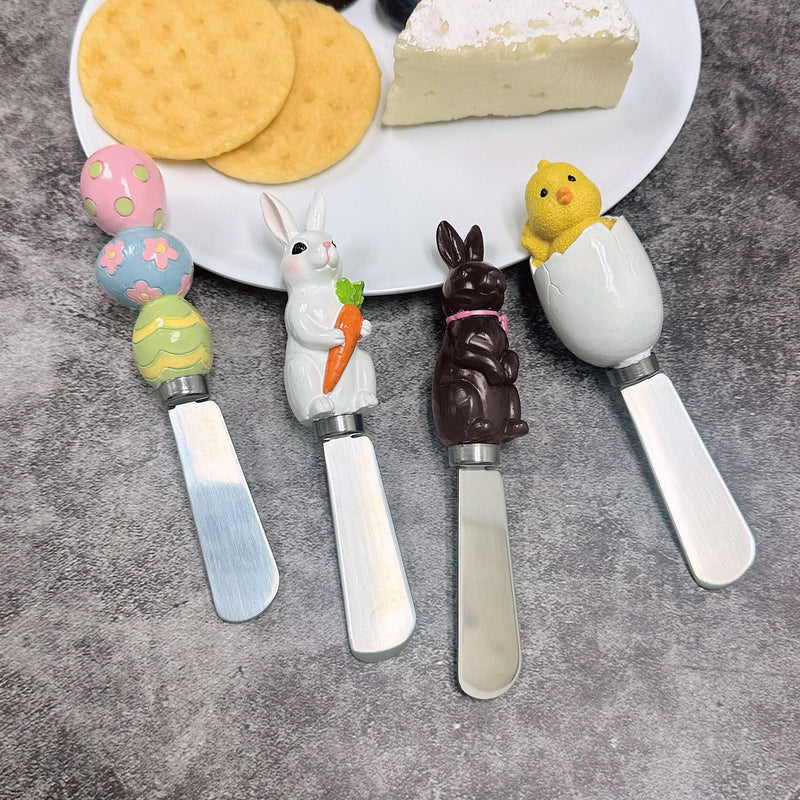 Supreme Housewares EGGcellent Easter Cheese Spreaders, Hand-Painted Resin Handles with Stainless Steel Blades for Spreading Cream Cheese, Butter, and Jam, Assorted Designs, Set of 4