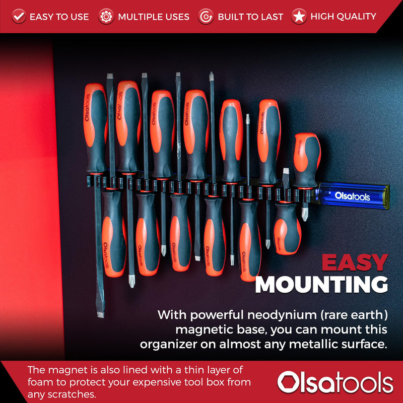 Olsa Tools Magnetic Screwdriver Organizer - Screwdriver Holder with Strong Magnets and Foam Backing - Professional Tool Holder and Tool Organizer - Stores up to 16 Screwdrivers - Blue - Part: 1114 1 piece Blue Organizer / Black Clips