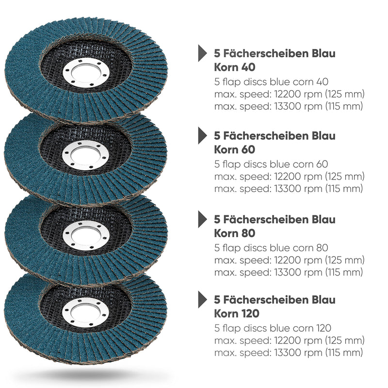 20 pieces/professional flap discs/blue/Ø 125 mm/mix pack (5 x grain 40-60 - 80-120 each) / stainless steel/grinding discs/lamella discs