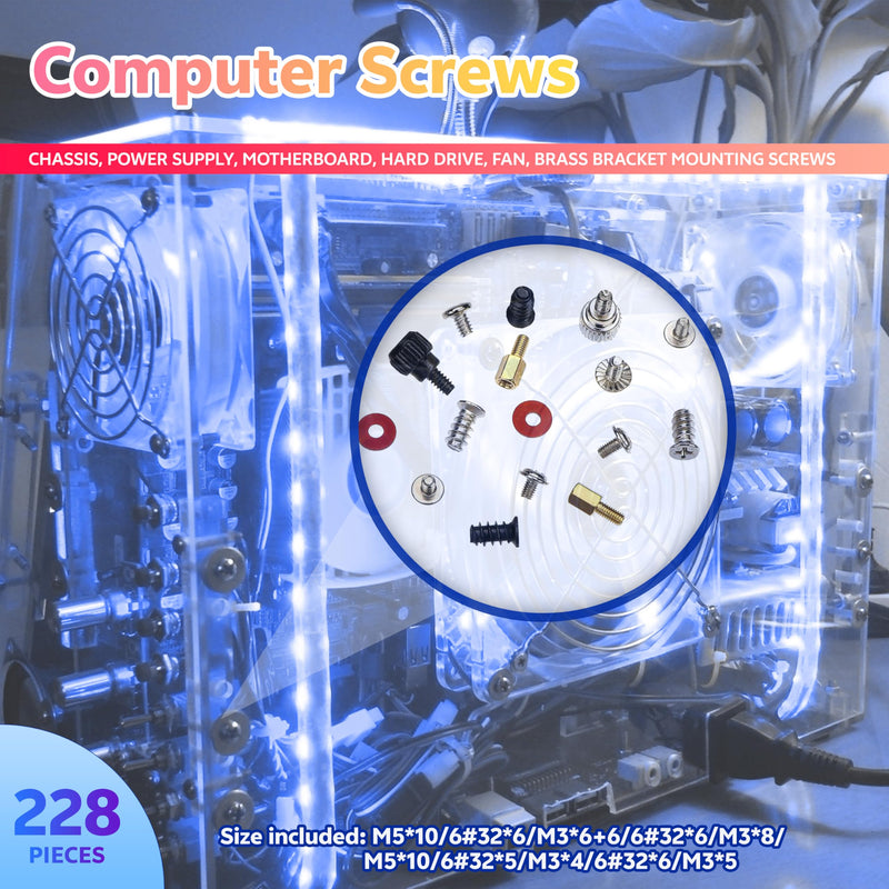 matell 228PCS Computer PC Spacer Screws Assortment Kit，Hard Drive Computer Case Motherboard Fan Power Graphics Chassis, CD-ROM, ATX Case， Power Card ，PC Installation & Repair