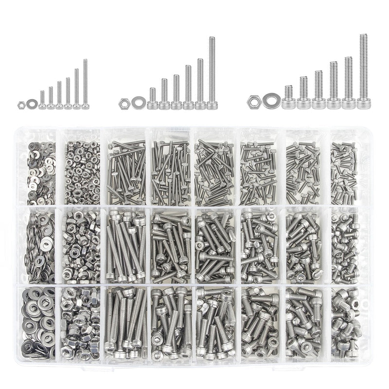 304 Stainless Steel Screws Nuts and Washers 1200PCS, Sutemribor M2 M3 M4 Hex Socket Head Cap Bolts Screws Nuts Washers Assortment Kit with Hex Wrenches