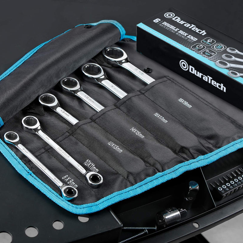 DURATECH Double Box End Ratcheting Wrench Set, Metric, 6-Piece, 8-19mm, CR-V Steel, with Rolling Pouch 6-Piece Wrench Set, Metric, with Rolling Pouch