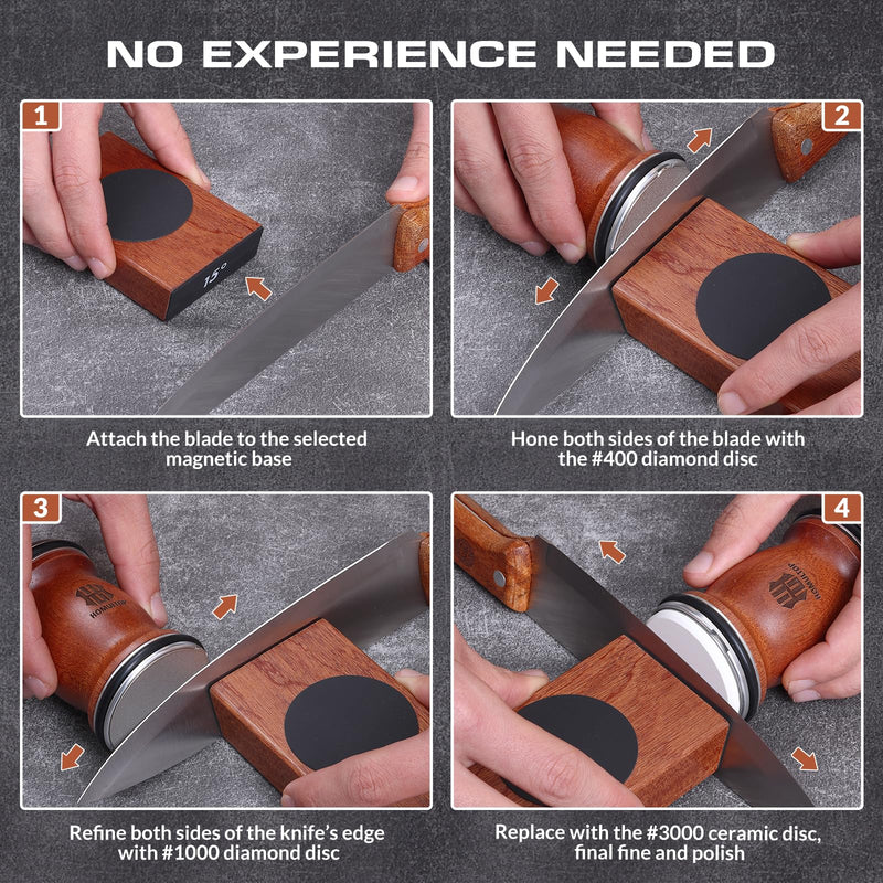 Rolling Knife Sharpener Kit, Kitchen Knife Sharpener with Replaceable Discs Diamond & Ceramic Knife Sharpeners Roller, Magnetic Knife Sharpening Kit with 15 & 20 Degree Base, Afilador De Cuchillos