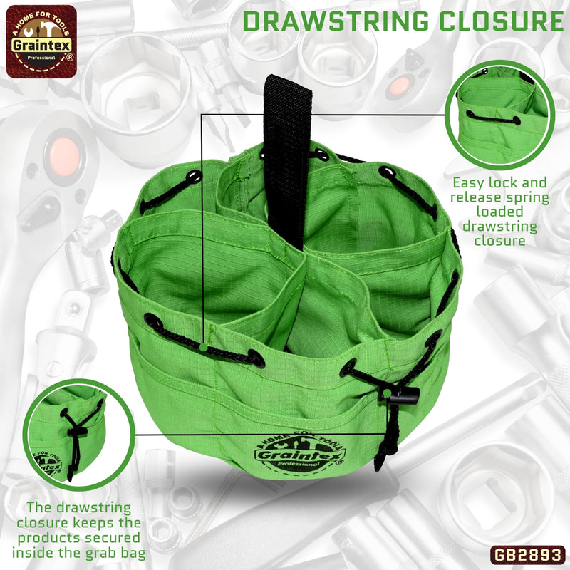 Graintex 18 Pockets Grab Bag Rip-stop Canvas Drawstring Closure, Small Part Organizer Pouch, Small Tools, Screws, Parts, Parachute Tool Bag for Efficient Storage - Lime Green
