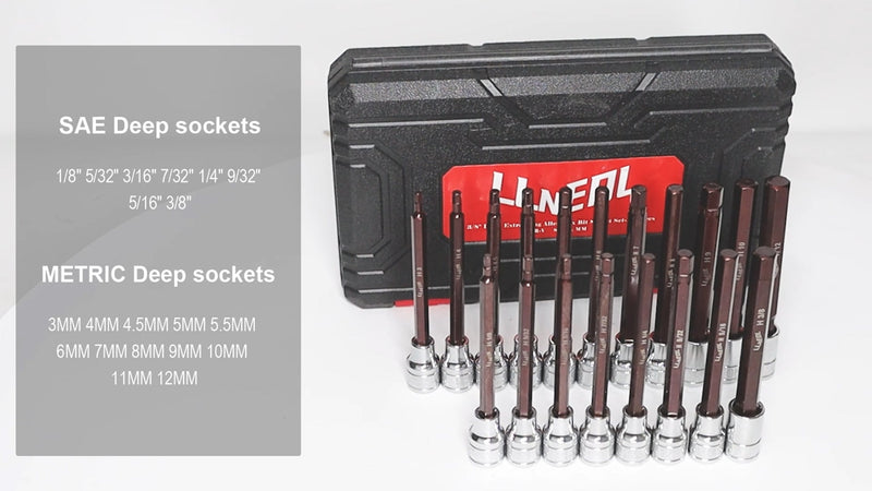 LLNEDL 3/8 Inch Drive Long Allen Hex Bit Socket Set, 19-Piece Hex Head Standard SAE & Metric Sockets (1/8"-3/8", 3-12mm), S2 Alloy Steel Durable Tools for Mechanics 19pcs 3/8 inch socket set