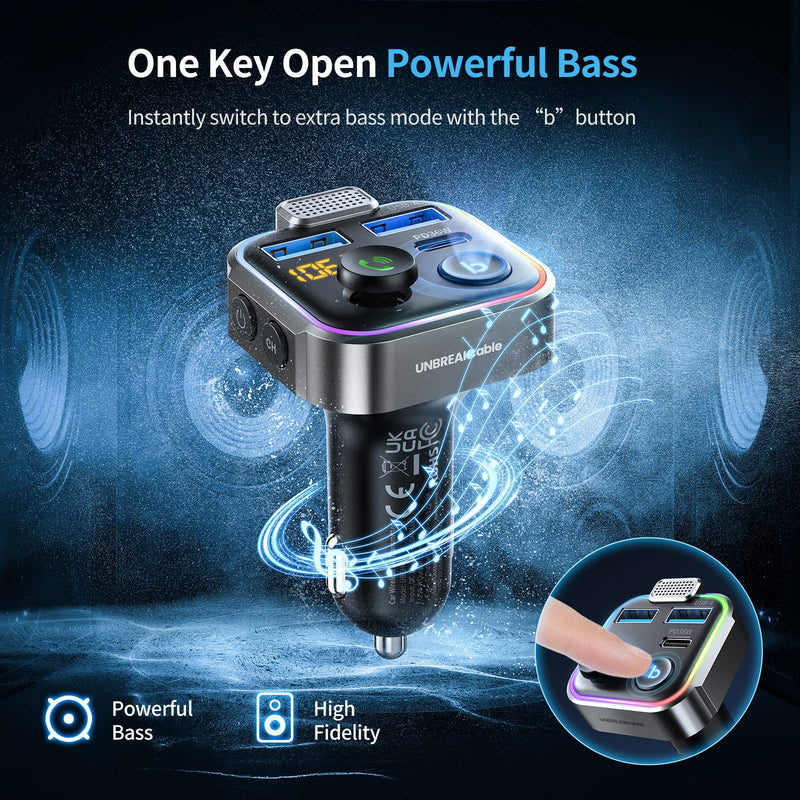 UNBREAKcable Bluetooth FM Transmitter for Car, PD 38W Fast Charging, Wireless Bluetooth FM Radio Adapter, Car Kit with Hands-Free Calls, HiFi Bass Boost MP3 Music Player Support USB Drive Grey