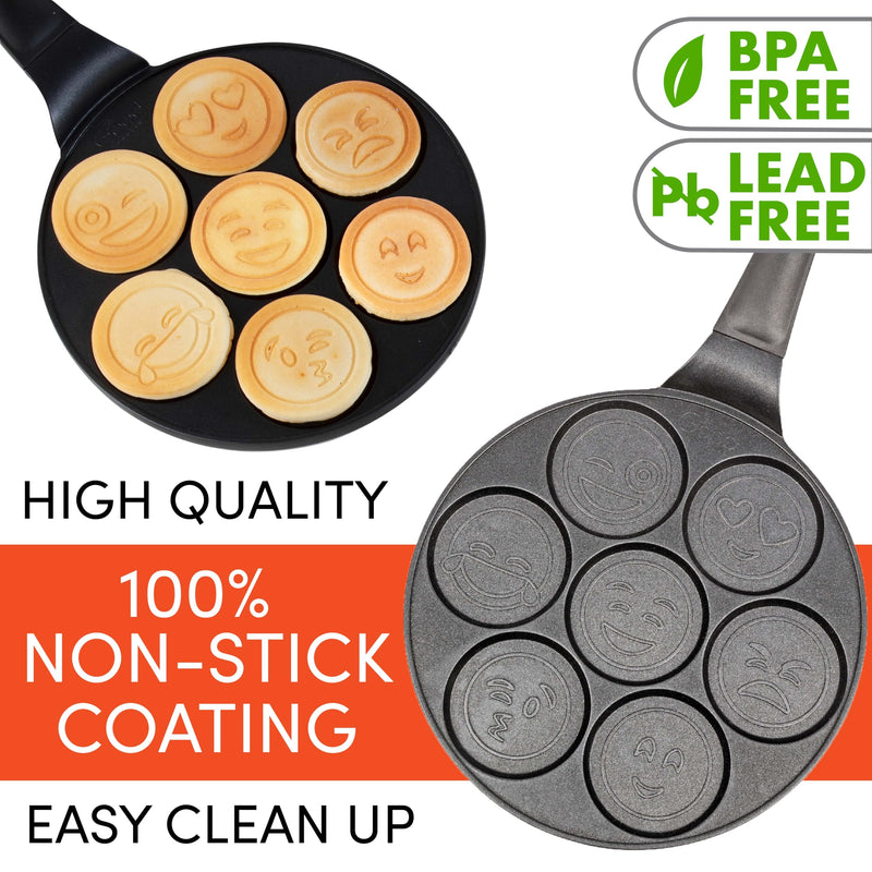 Official Emoji License Large Pancake Pan & Nonstick Griddle, 7 Mini Smiley Face Shapes, Heavy Duty Stovetop Skillet, Fun Pancake Maker for Kids Summer Breakfast, Sleepovers, Parties & Family Brunch