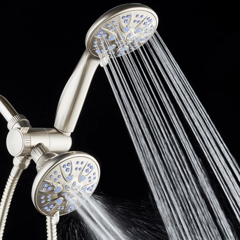 AquaDance Antimicrobial/Anti-Clog High-Pressure 30-setting Dual Head Combination Shower with Nozzle Protection from Growth of Mold, Mildew & Bacteria for a Healthier Shower – Sunset Blue 2.5 Gallons Per Minute Satin Nickel / Sunset Blue Jets