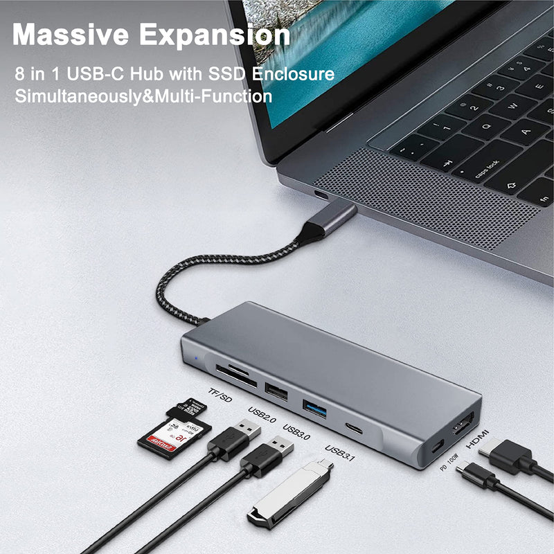 GKI 8-in-1 USB C Hub with M.2 NVMe/SATA SSD Enclosure with 1 * 4K HDMI, 1*USB C 3.1, USB 3.0,USB 2.0, SD/Micro SD Card Slots, 100W PD Compatible with USB C Port of Computer.