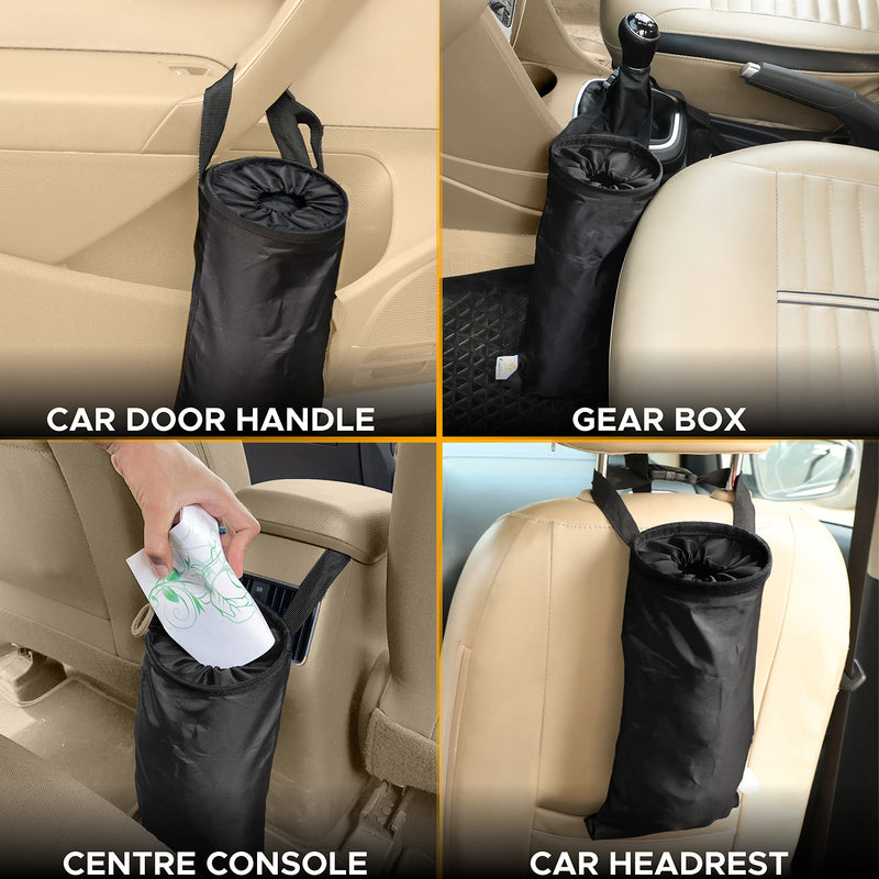 EcoNour Car Trash Can (2 Pack) | Car Trash Bag Hanging with Elastic Opening & Easy Mount | Car Garbage Can with Waterproof Oxford Material | Cute Car Accessories for Camping, Traveling & Outdoor Black (2 Pack) Medium