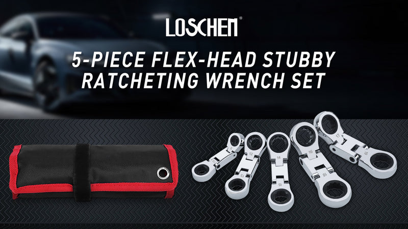 LOSCHEN 5-Piece Flex-Head Stubby Ratcheting Combination Wrench Set, Mini Wrench Set, Double Box End Flex-Head, Mini Spanner Set, Metric 8 10 12 13 14 15 16 17 18 19mm, 72-Teeth, CR-V Steel