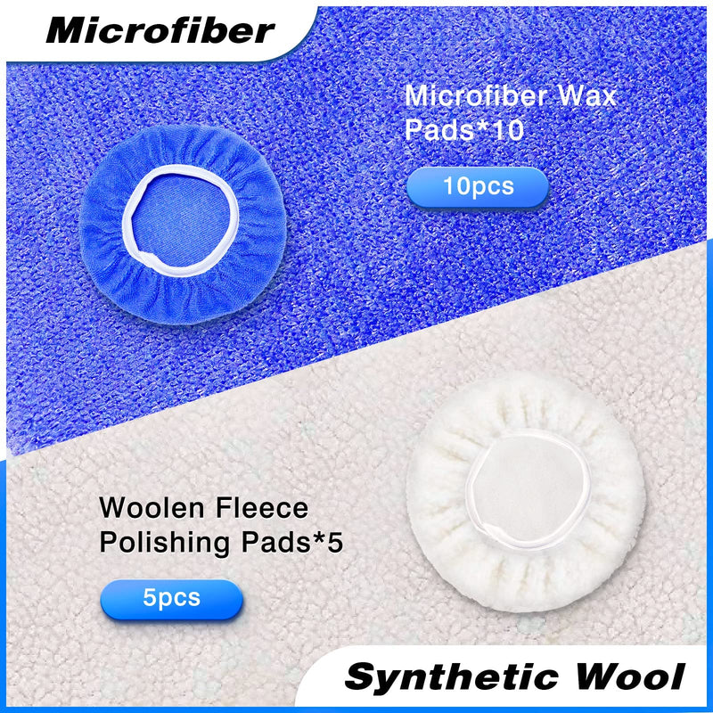 5 to 6 Inch Car Polisher Pad Bonnet, 15Pcs Car Polishing Bonnet Buffing Pads, 10*Microfiber+5*Woollen 10*Microfiber+5*Woollen (5-6 Inches)