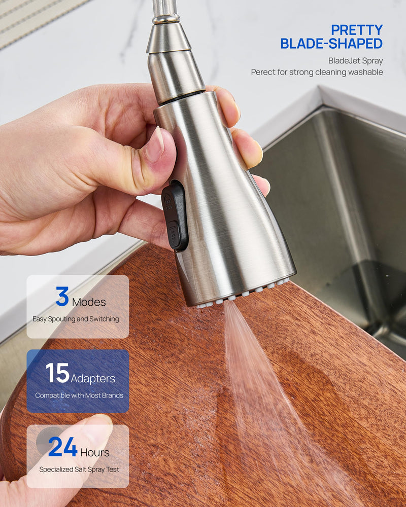 Metal Kitchen Faucet Head Replacement – 3 Mode High-Pressure Sink Sprayer Replacement with 15 Nozzle Adapters, Durable Pull Down Spray Head for Kitchen Sink (Stream/Spray/Blade), Stainless Steel Brushed Nickel