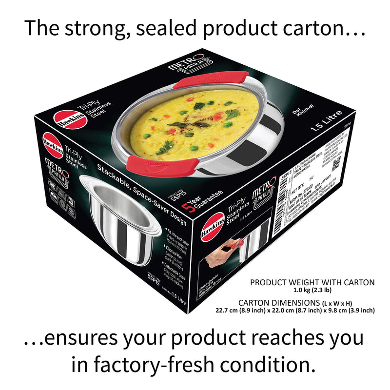 Hawkins 1.5 Litre Metro Patila, Triply Stainless Steel Tope, Induction Bhagona, Tapeli, Silver (SSP15) 1.6 Quarts
