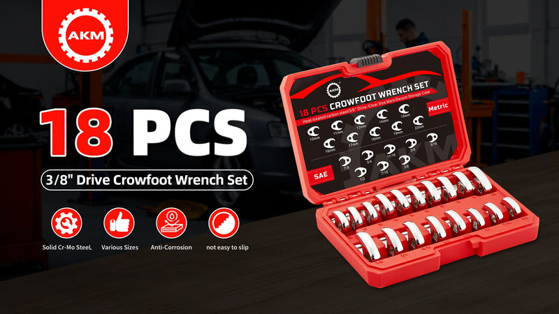 AKM 18PCS Crows Foot Wrench Set, 3/8" Drive Flare Nut Crowfoot Set, 6 Point Crows Feet Wrenches, Metric 10-22mm & SAE 3/8"-7/8" with Organizer Box, Cr-v Steel, Fully Polished Clear Mark