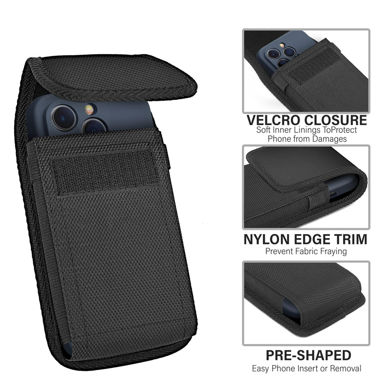 Cell Phone Holster for Samsung Galaxy S23+ Plus S22+ S21+ S20+ 10+, S20 FE, A55 A54 A53 A52 A51 Case with Belt Clip Belt Holder Pouch Carrying Cover (Fits Plus Models with Case on) Black Nylon Large