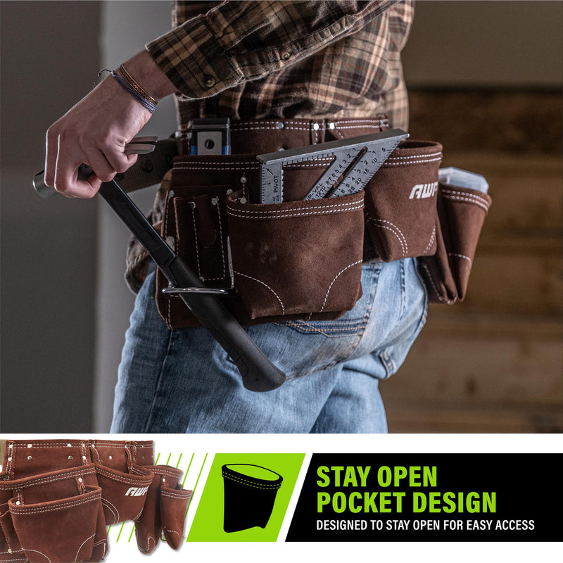 AWP Suede Leather General Construction Tool Pouch Apron | 11-Pocket Tool Organization Work Belt | Brown | Fits Up to 50" Waist Size 50 inches Suede Leather wit Leather Hammer Loops