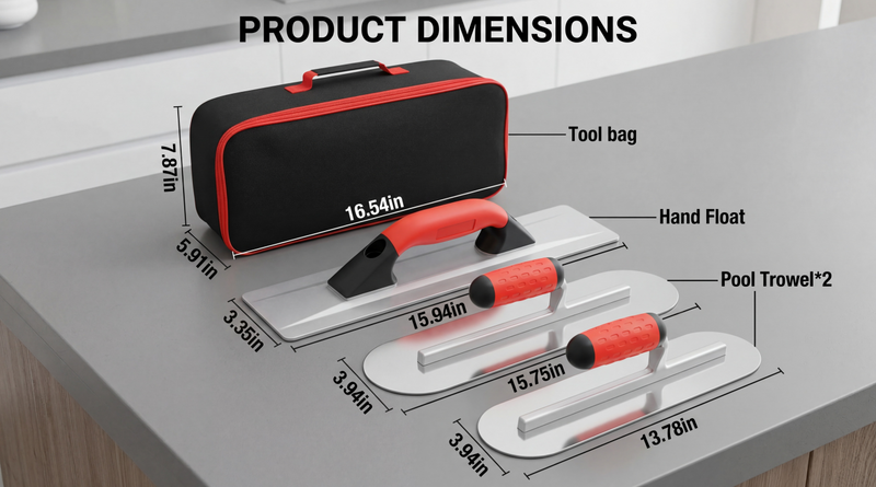 MorningRo 4 Pcs Concrete Hand Tools Set Includes Cement Magnesium Hand Float 16'' x 3-1/8'' Stainless Steel Pool Trowel 16'' x 4'' & 14'' x 4'' Flat Concrete Finishing Trowel and Tool Bag A Regular
