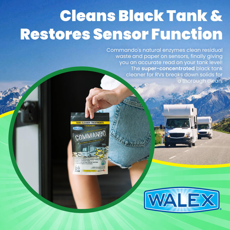 Walex Commando RV Black Holding Tank and Sensor Cleaner, Camper Trailer Black Holding Tank Drop-Ins Pods Tabs, Ocean Mist 4 Count (Pack of 1)