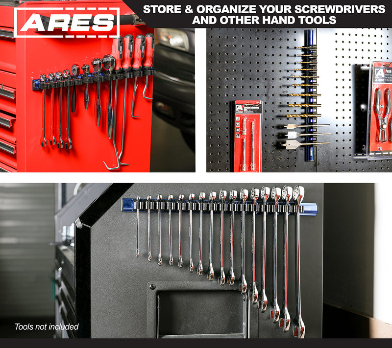 ARES 62027 - Blue 16.5-Inch Hand Tool Holder - Aluminum Rail Stores up to 16 Screwdrivers or Small Tools and Keeps Your Garage Organized 1-Piece