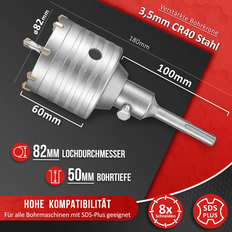 KSP-Tec ® drill bit 82mm - reinforced design - hammer impact resistant - [XXL teeth] - 4 cutting edges center drill - can drill mm - drill bit socket for masonry and concrete (82mm)
