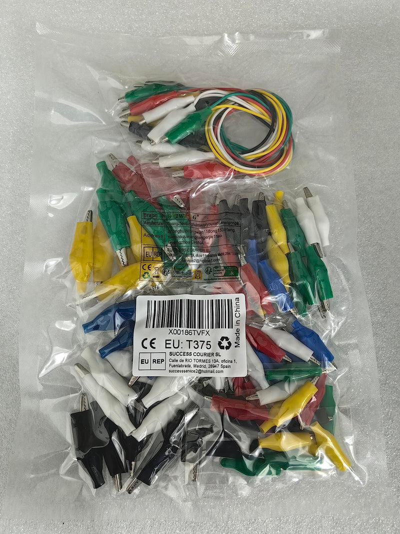 GTIWUNG Pack of 90 3 sizes crocodile clips, 28 mm/35 mm/45 mm, electrical test clamps with red/yellow/blue/green/white/black protective cover + 10 pieces crocodile clips with cable for multimeter test leads 90 pieces crocodile clips + 10 test cables