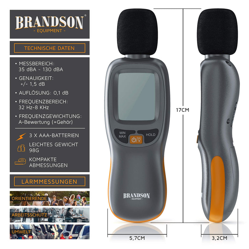 Brandson - calibrated sound level meter - digital portable volume meter - 35dB to 130dB with LCD display with backlight - noise meter - MAX/MIN data storage