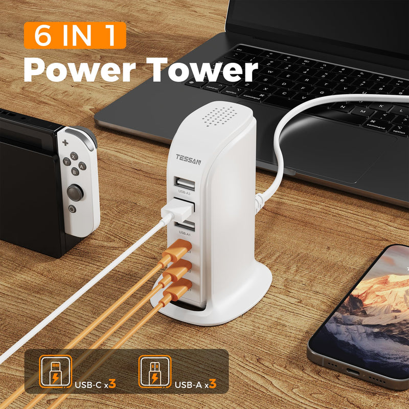 65W USB Charging Station for Multiple Devices, TESSAN Phone Fast Charger Tower for iphone13/14/15, ipad, Tablet, Earphone with 6 USB Blocks(3 USB C) for Home Office Travel Accessories