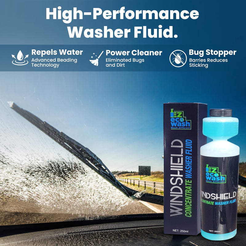 Windshield washer fluid concentrate - 1:200 High-strength formula (250ml) with built-in pump - Removes dirt, bugs, and oil - safe for all surfaces, Ammonia-free