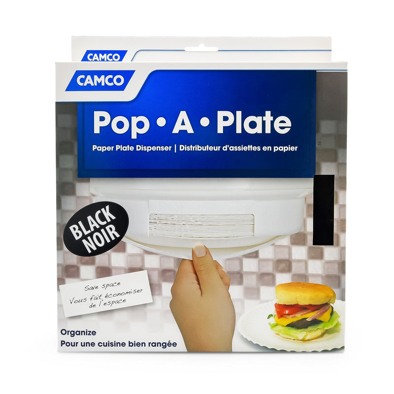 Camco 9-inch Pop-A-Plate Plastic Plate Dispenser | Ideal for Compact Spaces, RVs and Trailers | Mounts Under Cabinets or Shelves | Black (57006)