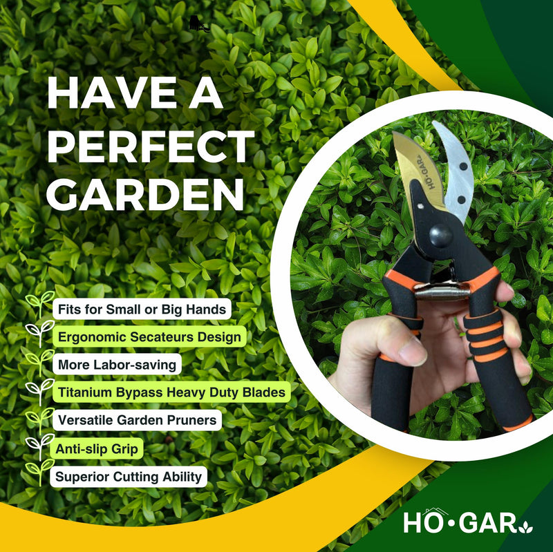 HO.GAR Premium Titanium Bypass Pruning Shears Kit: Heavy Duty Professional Hand Pruners, Gardening Scissors, Ergonomic Secateurs. Includes Blade and Spring Replacement + Pouch + Carabiner