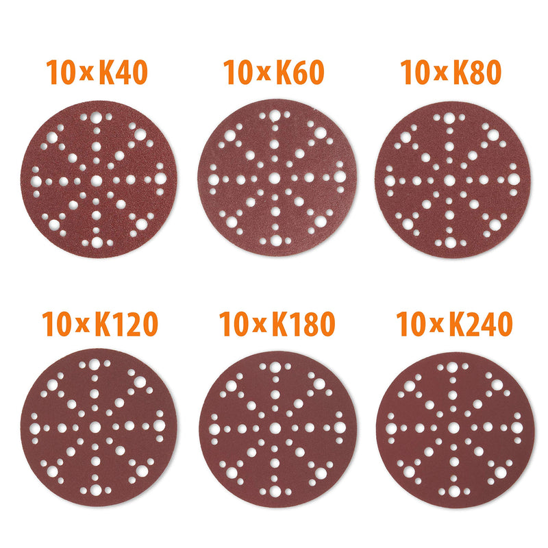 Eccentric sandpaper 150mm set | Sanding discs round Velcro 60 pieces grit 40-240 from Wabrasive | Compatible with Festool eccentric sander with sanding pads 150mm Velcro set | 60 pcs red