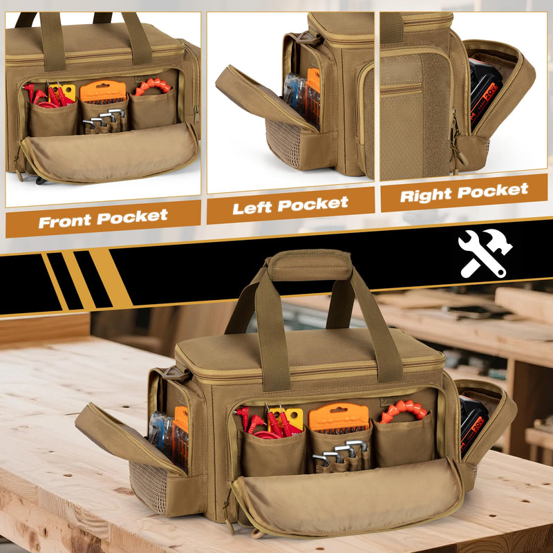 Tactical Tool Bag with Anti-friction Bottom, Hand Tool Tote Storage Organizer for Men, Small Range Bag for Electricians, Carpenters, Mechanics and Repairman, Khaki