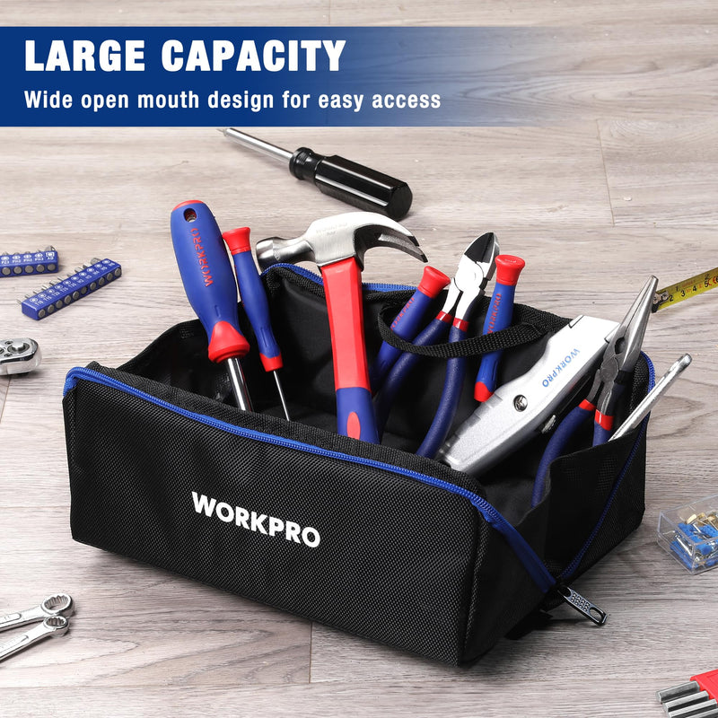 WORKPRO Tool Bag with Zipper, 10" Utility Wide Mouth Heavy Duty Tool Storage Bag, Multipurpose Zipper Tool Pouch Tote Bag for Organizer 3-pack Black