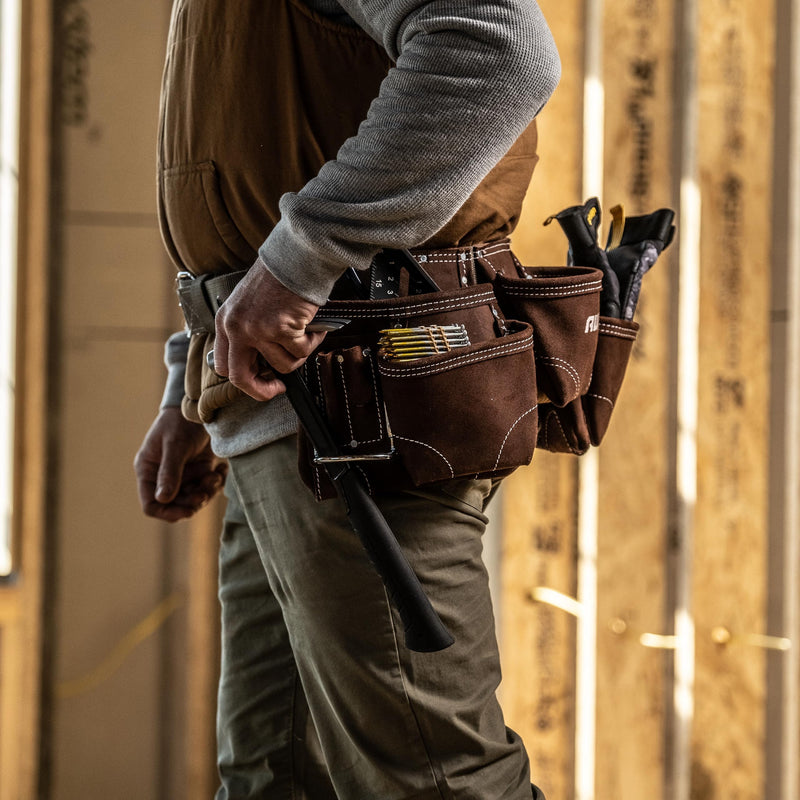 AWP Suede Leather General Construction Tool Pouch Apron | 11-Pocket Tool Organization Work Belt | Brown | Fits Up to 50" Waist Size 50 inches Suede Leather wit Leather Hammer Loops