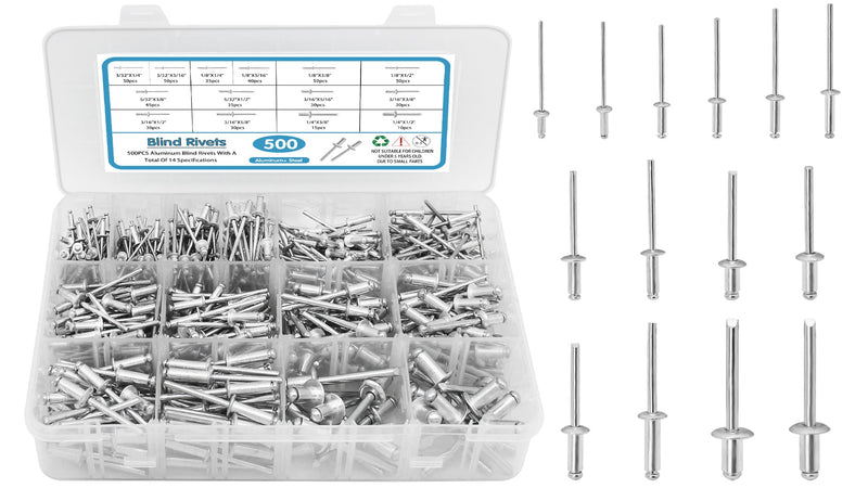 SATANTECH 500pcs Pop Rivets Assortment Kit,14 SAE Sizes Aluminum Rivets (3/32" 1/8" 5/32" 3/16" 1/4"), Assorted Blind Rivets with Reinfored Divider & Labeled Case Silver