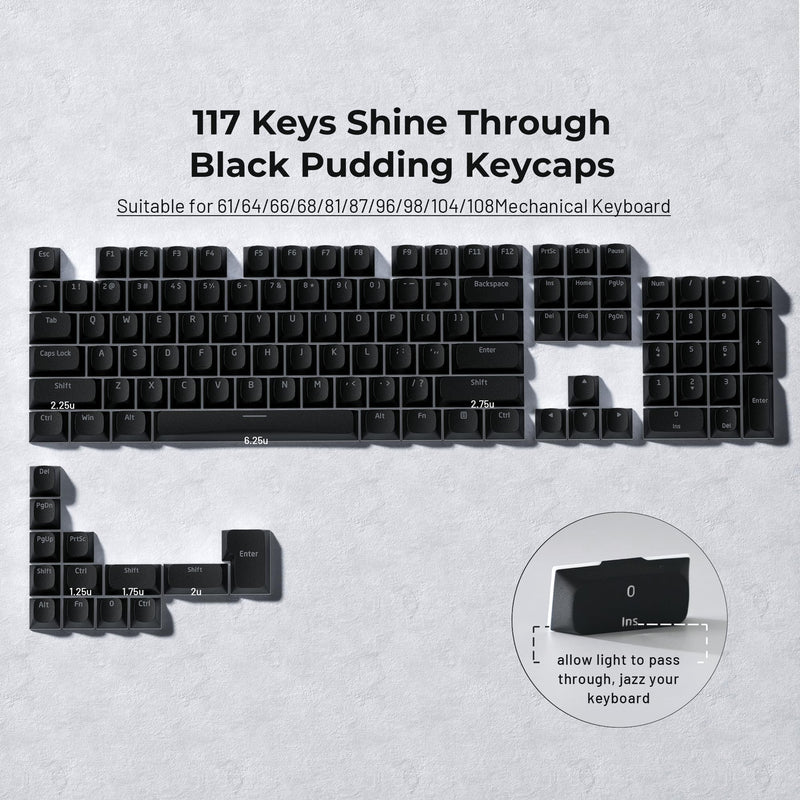 XVX Shine Through Keycaps, Black Pudding Keycap Set, Double Shot PBT Keyboard caps Compatible with Cherry Gateron MX Switches Mechanical Keyboard