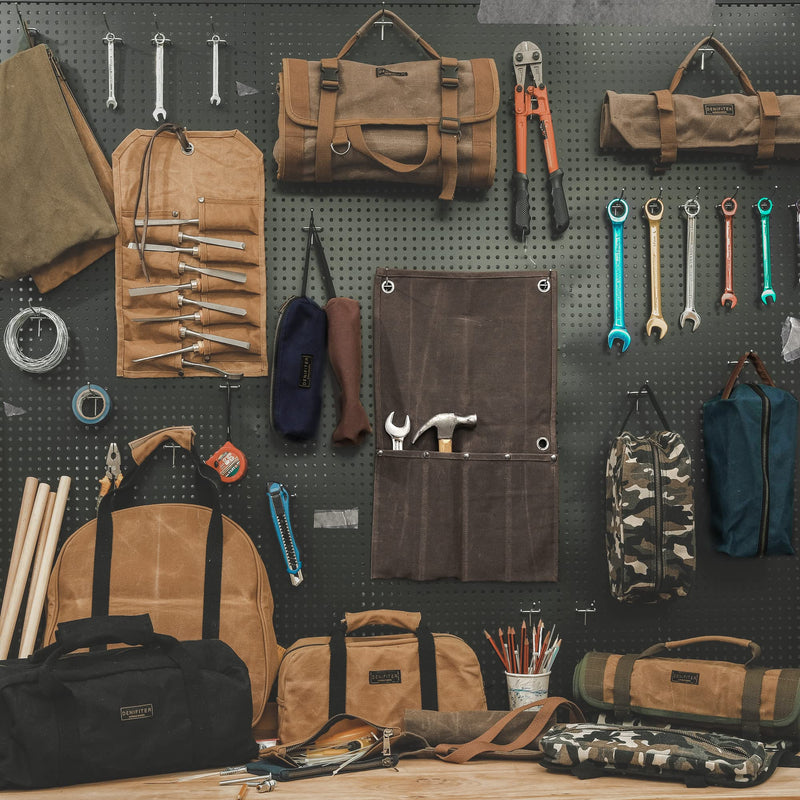Denifiter Wrench Roll Up Pouch, Heavy Duty Waxed Canvas Tool Roll Bag Tool Organizer Bag With 20+4 Pockets (Brown) Brown