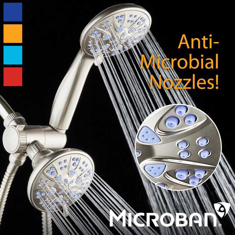 AquaDance Antimicrobial/Anti-Clog High-Pressure 30-setting Dual Head Combination Shower with Nozzle Protection from Growth of Mold, Mildew & Bacteria for a Healthier Shower – Sunset Blue 2.5 Gallons Per Minute Satin Nickel / Sunset Blue Jets