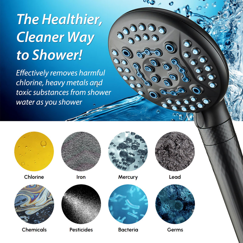 AquaCare 4X High Pressure 10-mode Filter Handheld Shower Head with Dual Power Wash - Clean Tub, Tile & Pets, Remove Chlorine, Metals & Toxins from Water to Protect Skin, Hair & Nails. Matte Black