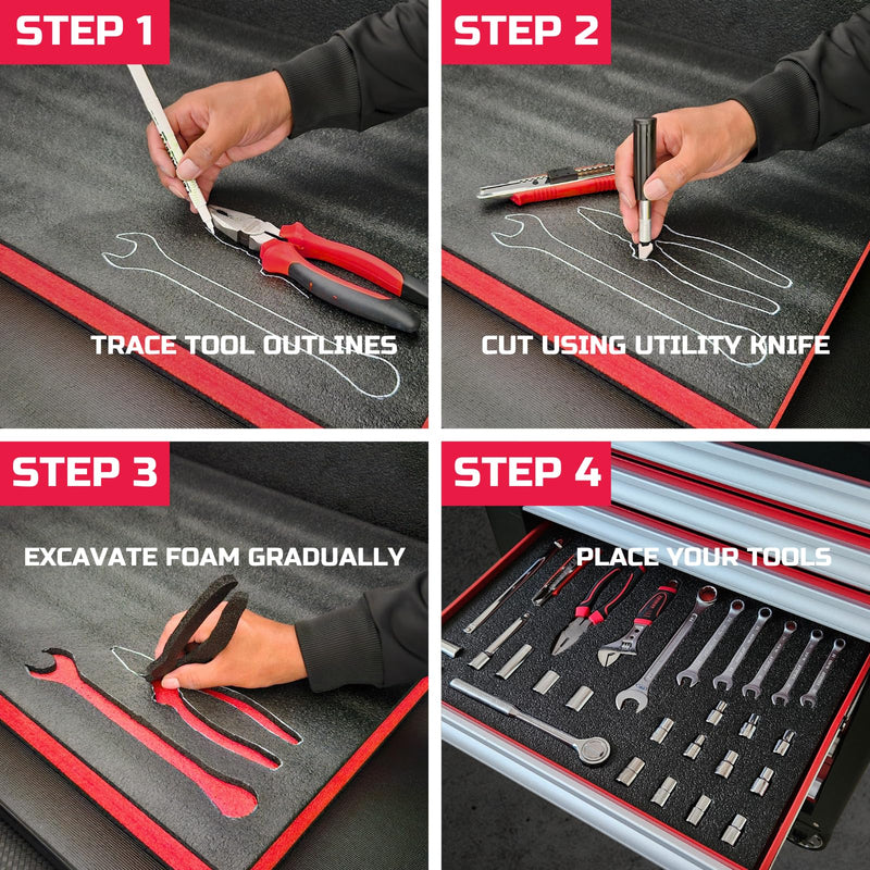ONREVA Tool Box Foam 24x18x1 inch 3Pack, Foam Inserts for Cases, Polyethylene Storage Sheets for Toolbox Hard Case, Tool Shadow Insert, Kaizen Organizer Sheet, Black with Red