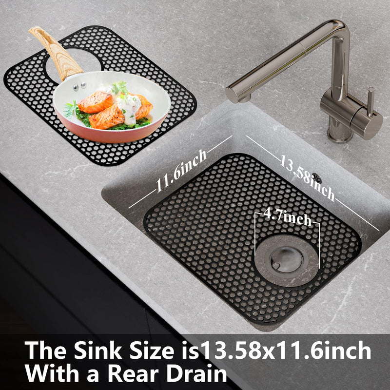 Sink Protectors for Kitchen Sink,2 PCS Silicone Kitchen Mat 13.58"x11.6",Non-Slip Bottom Guard Compatible with Farmhouse/Stainless Steel/Porcelain(Black, Rear Drain) 13.58"x 11.6"-Rear Drain(Black)