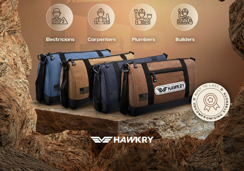 HAWKRY Canvas Tool Pouch Set (4 Pack) – Heavy Duty Tool Organizer Bags with Zipper, Durable Small Tool Bags for Electricians, Contractors, Mechanics and Hardware Storage White Blue, Brown, Blue, Beige